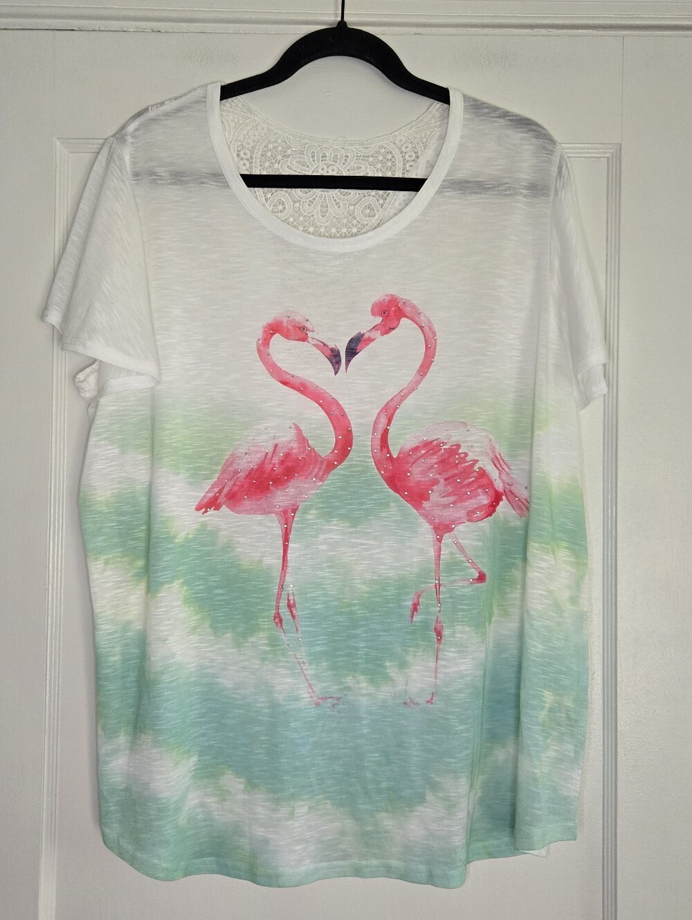 Bedazzled Flamingo T-Shirt W/ Back Detailing White, Green & Pink Women's XXL